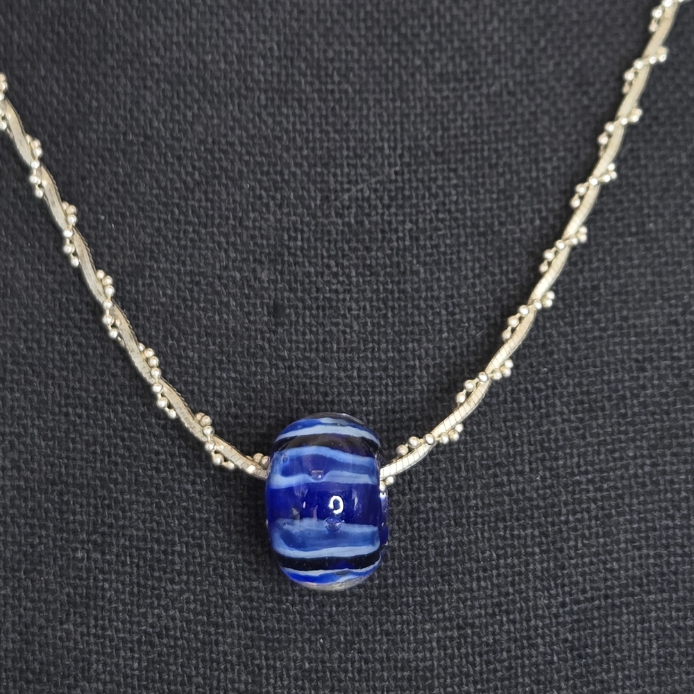 Sterling Silver Bead Wrap Chain Necklace Glass Blue Bead